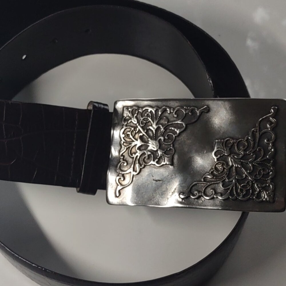 Sandy Duftler Brown Leather Skin Tapered Vintage Silver Buckle Belt 45" Long